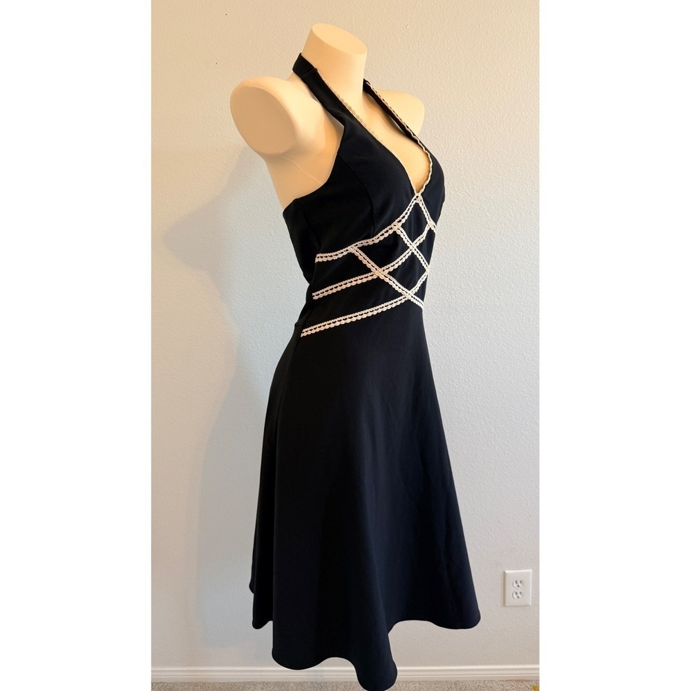 Vintage Byer Too Black Halter Dress Size 11 Crochet Trim V-Neck Backless 90s Y2K - Picture 5 of 11